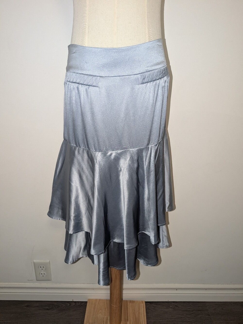 H&M Silver-Blue Satin Tiered Midi Skirt with Button Waist Detail